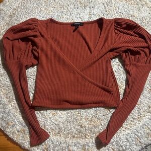 Forever 21 Rust Ribbed Puff-Sleeve Wrap Long Sleeve Top